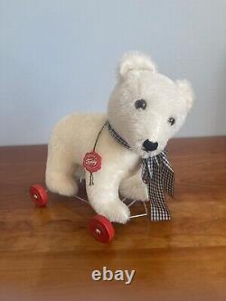 Hermann Original White Mohair Teddy Bear on Wheels Excellent Vintage Condition