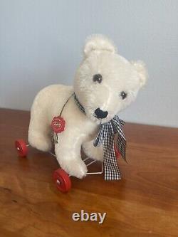 Hermann Original White Mohair Teddy Bear on Wheels Excellent Vintage Condition