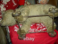 Large antique, ride-on, mohair teddy BEAR? On iron wheels, glass eyes & collar