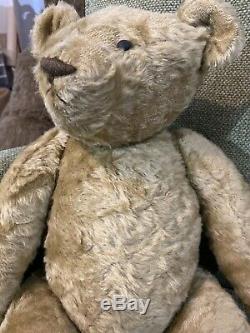 Lrg Antique Early 20thC Jointed, Short Mohair, Straw Filled Humpback Teddy Bear