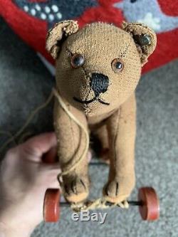 Miniature Antique Steiff Teddy Bear Pull Toy Wooden Wheels Mohair Long f Button