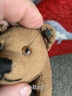 Miniature Antique Steiff Teddy Bear Pull Toy Wooden Wheels Mohair Long f Button