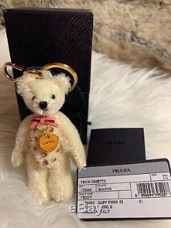 NWT AUTHENTIC Prada 100% Mohair White Teddy Bear Doll Crystal Key Chain Charm