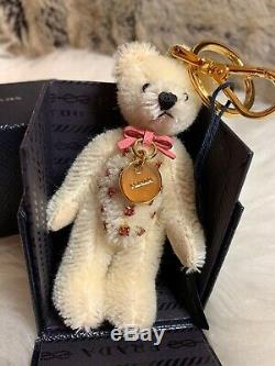 NWT AUTHENTIC Prada 100% Mohair White Teddy Bear Doll Crystal Key Chain Charm