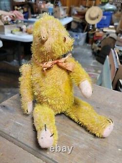 Old 1900s Antique Vintage 10 Mohair glass eye squeaker toy jointed Teddy Bear