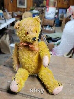 Old 1900s Antique Vintage 10 Mohair glass eye squeaker toy jointed Teddy Bear