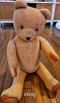 Primitive Antique Straw Filled Teddy Bear Stuffed Mohair Jointed 26in Jointed