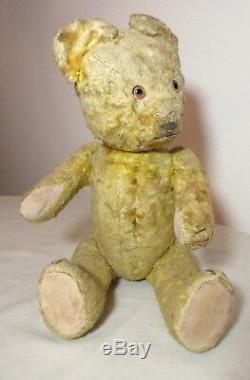 Rare antique handmade straw filled mohair jointed flat footed teddy bear 14.5 in