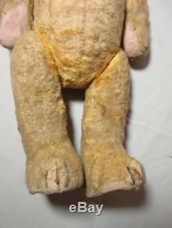 Rare antique handmade straw filled mohair jointed flat footed teddy bear 14.5 in