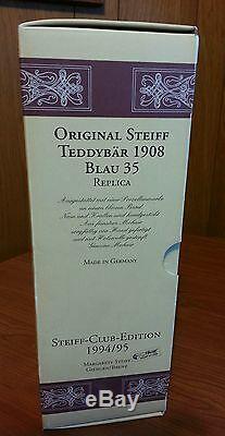 Steiff Blue 1908 Replica Mohair Growler Jointed Teddy Bear Box & Certificate