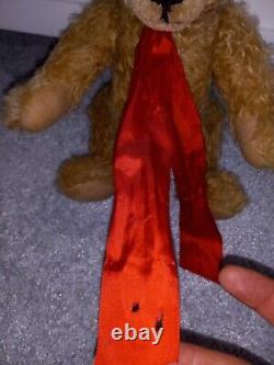 Steiff Teddy Bear Jointed Gold Mohair 14 Tag Attached- Red Ribbon with Damage