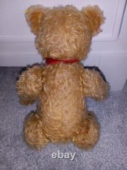 Steiff Teddy Bear Jointed Gold Mohair 14 Tag Attached- Red Ribbon with Damage