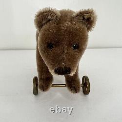 Steiff Teddy Bear on Metal Wheels Mohair 1905 Replica Museum Collection 1984