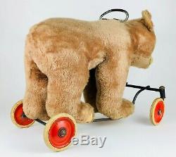 Steiff -bear On Wheels- Large Vintage Brown Beige Mohair Grizzly Ride On Teddy