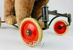 Steiff -bear On Wheels- Large Vintage Brown Beige Mohair Grizzly Ride On Teddy