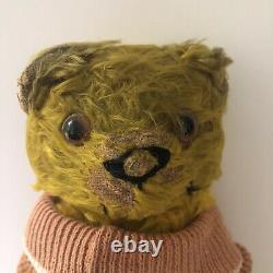 Teddy Bear Antique Mohair Jointed Movable Straw Filled Glass Eyes Yellow 13 inch