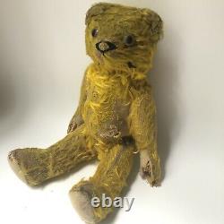 Teddy Bear Antique Mohair Jointed Movable Straw Filled Glass Eyes Yellow 13 inch