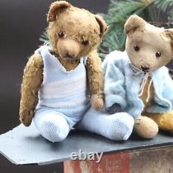 Two antique teddy bears 20s in dolls clothes 14.4 13.2
