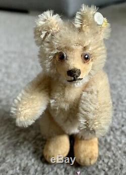VINTAGE Miniature Steiff Teddy Baby Bear With ID Beige Mohair 3.5 Stands Too