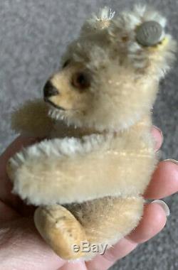 VINTAGE Miniature Steiff Teddy Baby Bear With ID Beige Mohair 3.5 Stands Too
