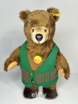 VTG Mohair Steiff 1983 Teddy Bear Limited Signed Paw German Hinged Green Vest
