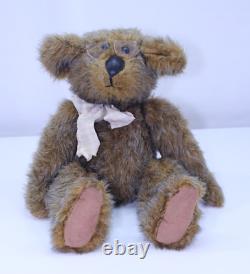 VTG Mohair Teddy Bear Jointed Swivel Head Leather Nose Glasses Brown 19
