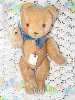 Vintage Honey Mohair Teddy Bear German Grisly Blue Neck Ribbon Rare Tags 12