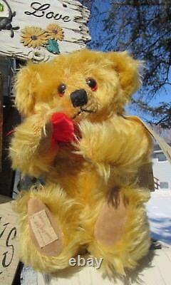 Vintage Honey Mohair Teddy Bear German Grisly Blue Neck Ribbon Rare Tags 12