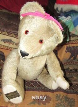 Vintage Mohair Teddy Bear Germany Johanna Haida Growls 21 Sonneberg Pink Ribbon