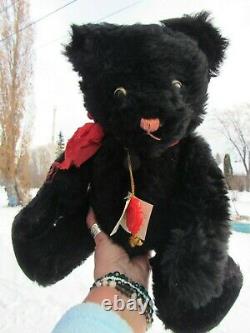 Vintage Teddy Bear Black Fuddo 15 Rare Eyes Mohair W Tags German Hermann Toy