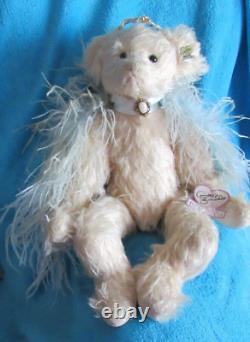 Vtg White Mohair Teddy Bear Ostrich Feather Angel Blue Wings Doll Artist Af 17