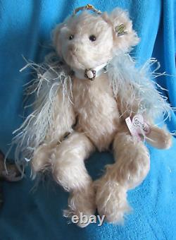 Vtg White Mohair Teddy Bear Ostrich Feather Angel Blue Wings Doll Artist Af 17